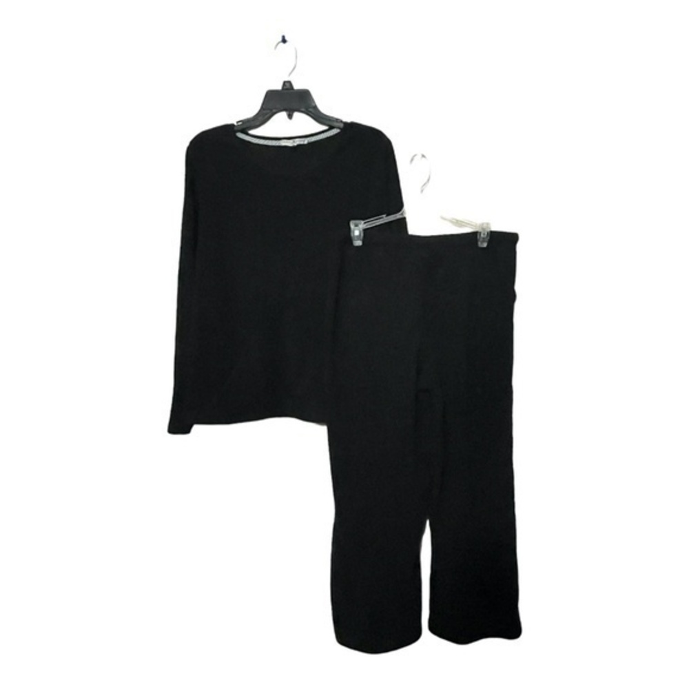 Tommy Hilfiger Womens Black Fleece Pajama Set Long Sleeve Wide Leg Size Large